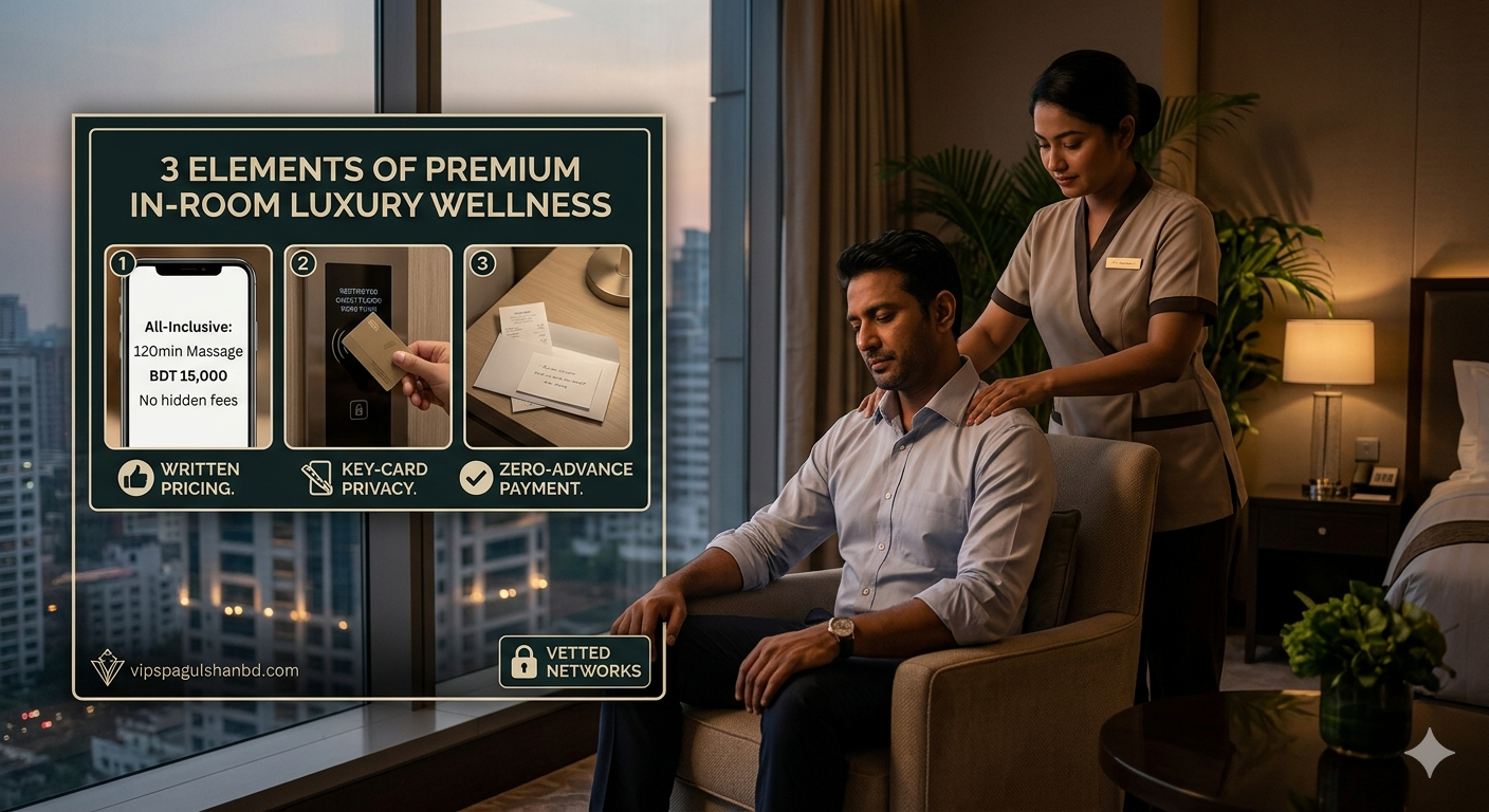 Infographic for a Gulshan 5-star hotel spa guide detailing written pricing, key-card privacy, and zero-advance networks.